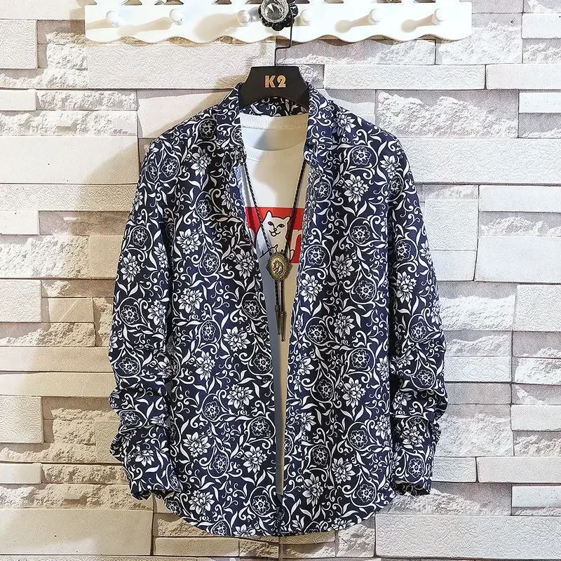 2024 New Spring and Autumn Trend Fashion Fragmented Flowers Casual Loose Versatile Oversize Men's Simple Long Sleeve Coat Shirt