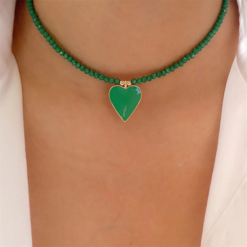 Bohemian Handmade DIY Rose Colour Beads Chain Fashion Short Necklaces For Women Big Heart Pendant Chain Choker Necklace Jewelry - Image 4