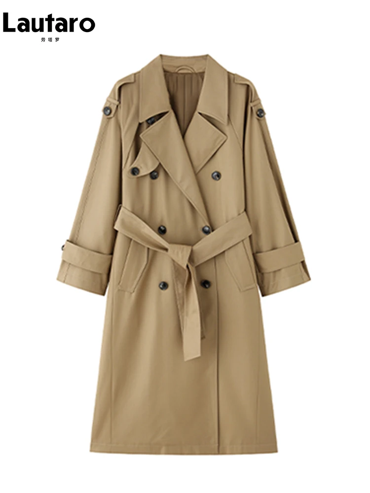 Lautaro Spring Autumn Oversized Khaki Long Grey Trench Coat for Women Double Breasted Loose Casual Korean Fashion Overcoat 2024 3