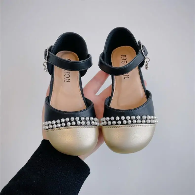 2023 Spring Summer New Little Girls Sweet Beaded Princess Shoes Korean Version Temperament Girls Half Sandals Beige Black Size