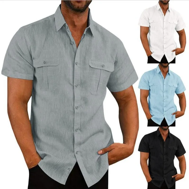 

Men's shirt double pocket cotton hemp short-sleeved shirt casual shirt
