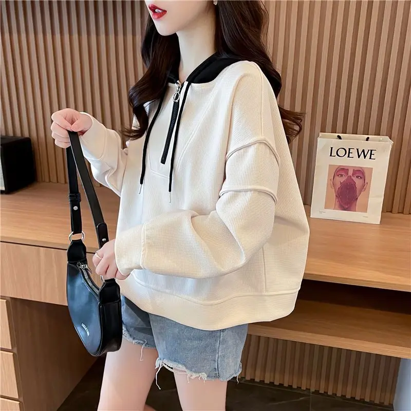 Design Sense Half Zip Contrast Long Sleeve Bottom Shirt Casual Loose Oversized Versatile Women's Sweater