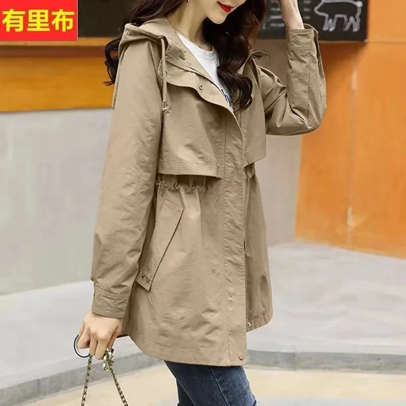 2023 new Women Casual Fashion Long Sleeve Hooded Zipper Mid-length Trench Solid Color Soft Elegant Cardigan Trench Coat