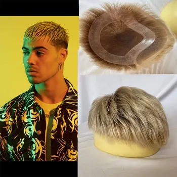 남성용 짧은 Touppe 남성용 인모 블랙 가발, PU 헤어피스 포함 스위스 레이스 Toupee, 8x10 옴버 60 # 컬러 시스템, 3 인치 컷