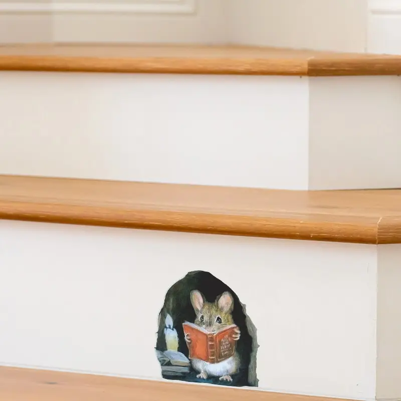 Description Picture 5 of item3PC Realistic Reading Mouse Hole Stickers for Corner Stairs Funny Room Decor Pvc Wallpaper for Home Decoration Wall Decal