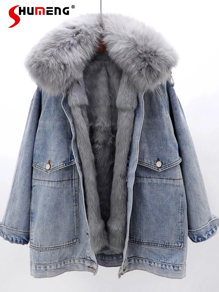 

Winter Clothes 2023 Fox Fur Collar Removable Rex Rabbit Fur Liner Denim Parka Overcoat Female Streetwear Long Sleeve Fur Coat