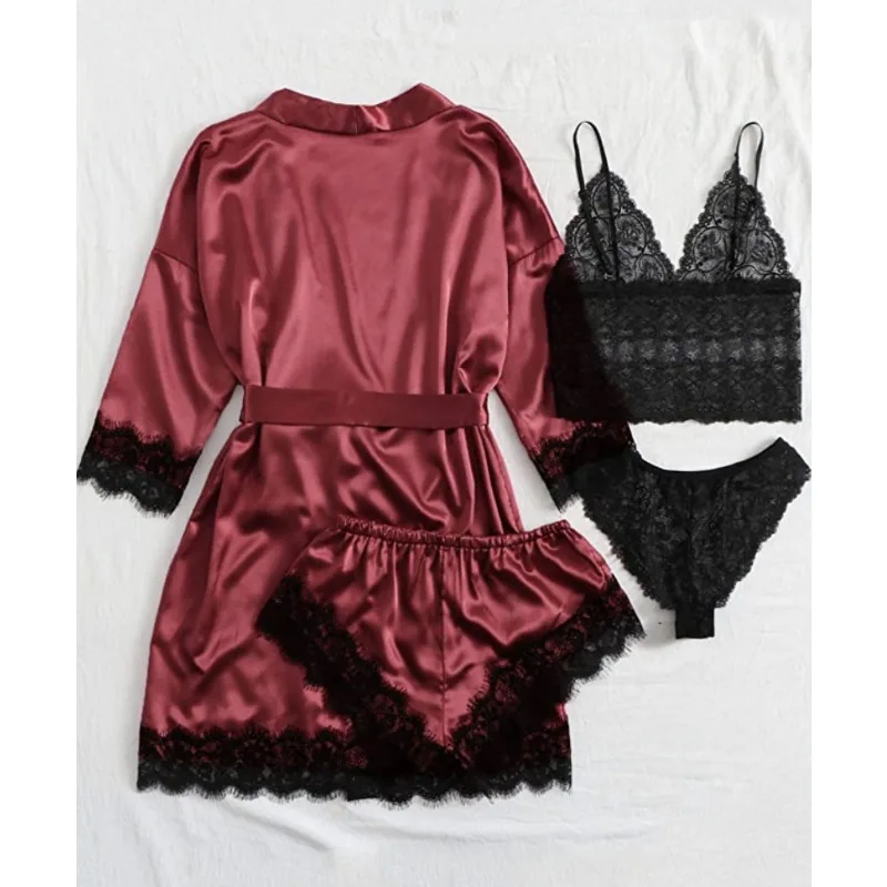 4Pcs/set bathrobe women's shower erotic lingerie home wear lace camisole shorts ladies solid colour nightgown pajamas four sets