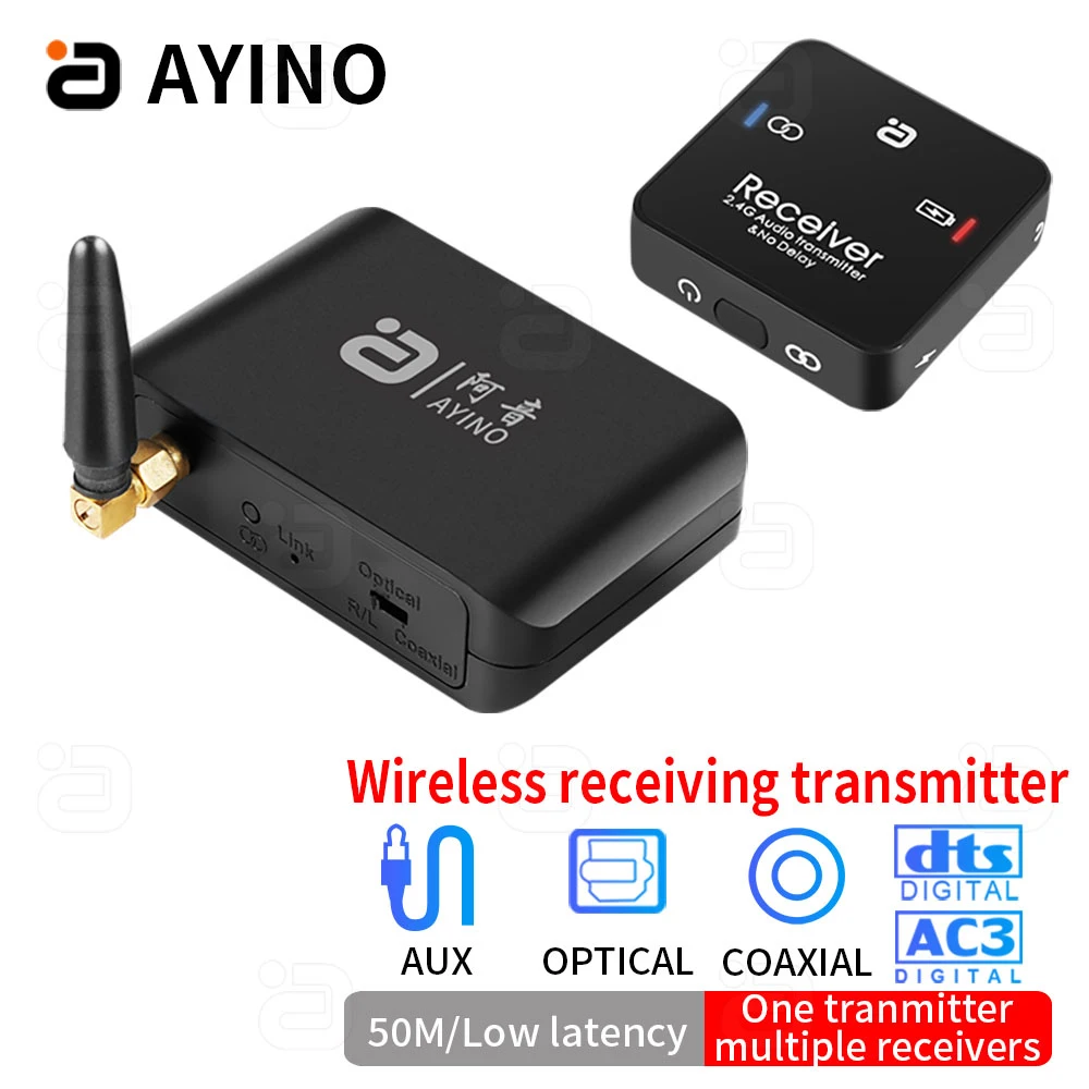 AYINO 2,4G беспроводной аудио передатчик и приемник 50M Адаптер DAC аудио декодер конвертер DTS AC3 оптический коаксиальный RCA 3,5 мм