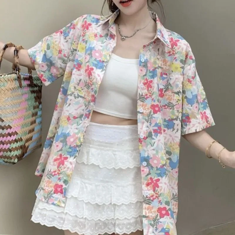 Sweet Vintage Summer New Women's Polo Neck Printing Single Breasted Fashion Casual Versatile Short Sleeve Loose Shirt Tops