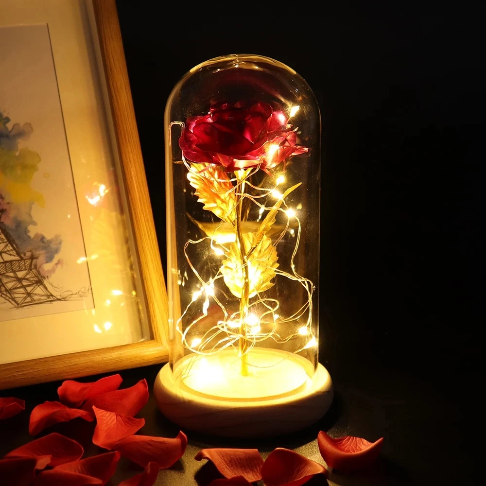 Valentines Day Gift for Girlfriend Eternal Rose LED Light Foil Flower In Glass Cover Mothers Day Wedding Favors Bridesmaid Gift