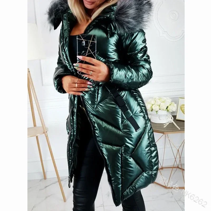 

Winter Long Coat Jackets Bright Surface Long Sleeve Warm Women Autumn Parka Fur Hooded Solid Color Fashion Casual Park Down