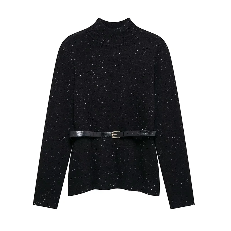 Suéter de cuello alto negro vintage para mujer, jersey de punto holgado de manga larga con cinturón, jersey suave de primavera para mujer, nuevo