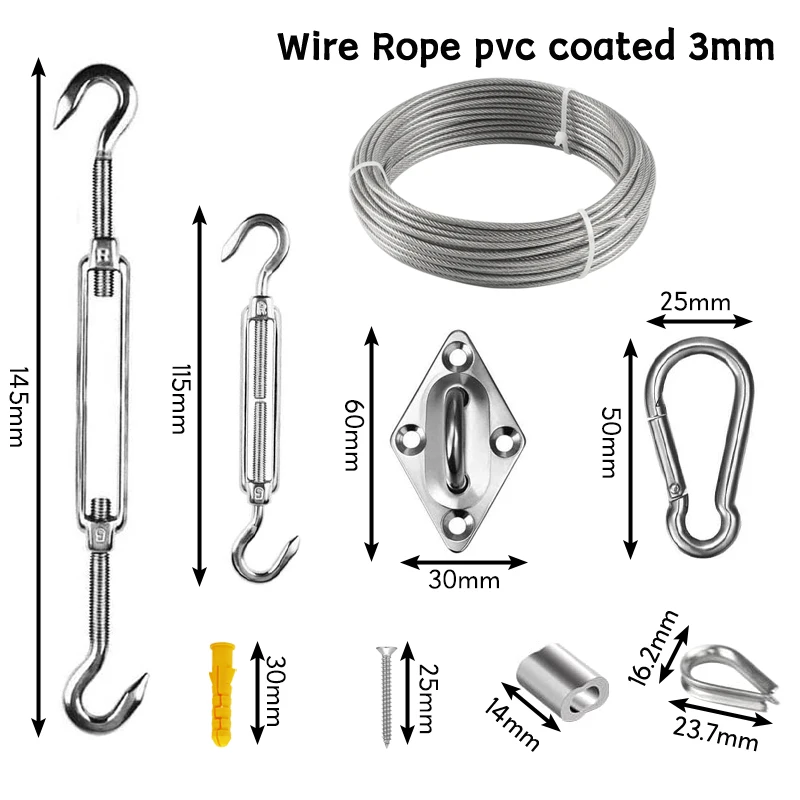 Sun Shade Sail Rectangle Hardware Attachments Wire Kit 30M/3mm Stainless Steel Coated Wire Rope for Install Awning Accessory