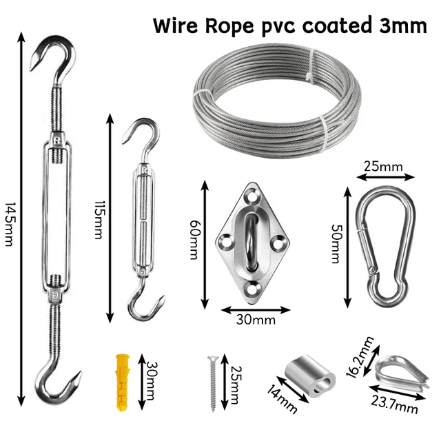 Árnyékos Vitorla Előtető -Kiegészítő 304 Rozsdamentes Acél Háromszög Hardverkészlet Turnbuckle Clip Hook 30 M/3 Mm Pvc Bevont Huzalkötél - Image 3