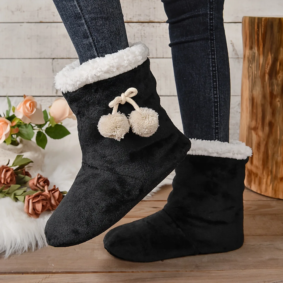 1 çift Kadın Çorap Moda Kış Düz Renk Zemin Ayakkabı Rahat Sıcak Zemin Çorap Kaymaz Çorap Hairball Kadın Zemin Ayakkabı