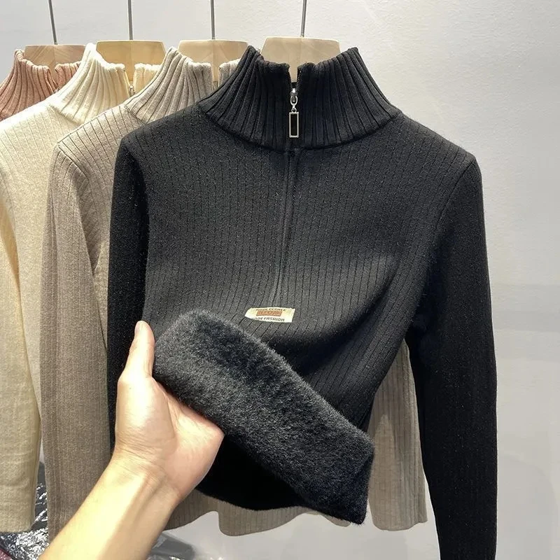 

Half Turtleneck Knitwear Women Zipper Plus Velvet Sweater Solid Knit Warm Tops Thicken Winter Loose Pullover Korean Sweaters