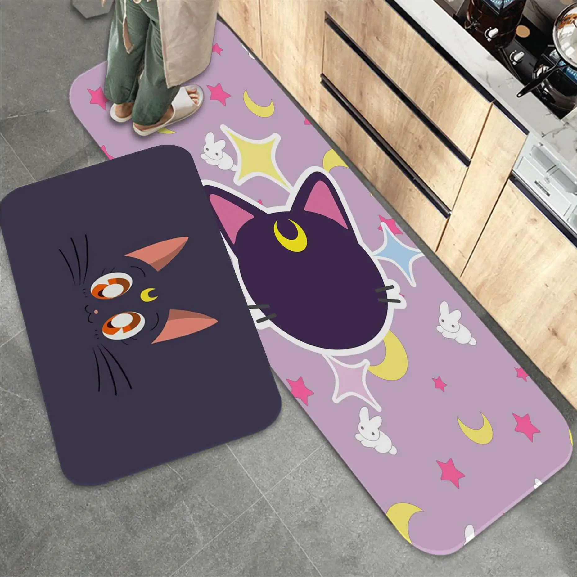 

Cute Pink Moom Cat Anime Printed Flannel Floor Mat Bathroom Decor Carpet Non-Slip For Living Room Kitchen Welcome Doormat