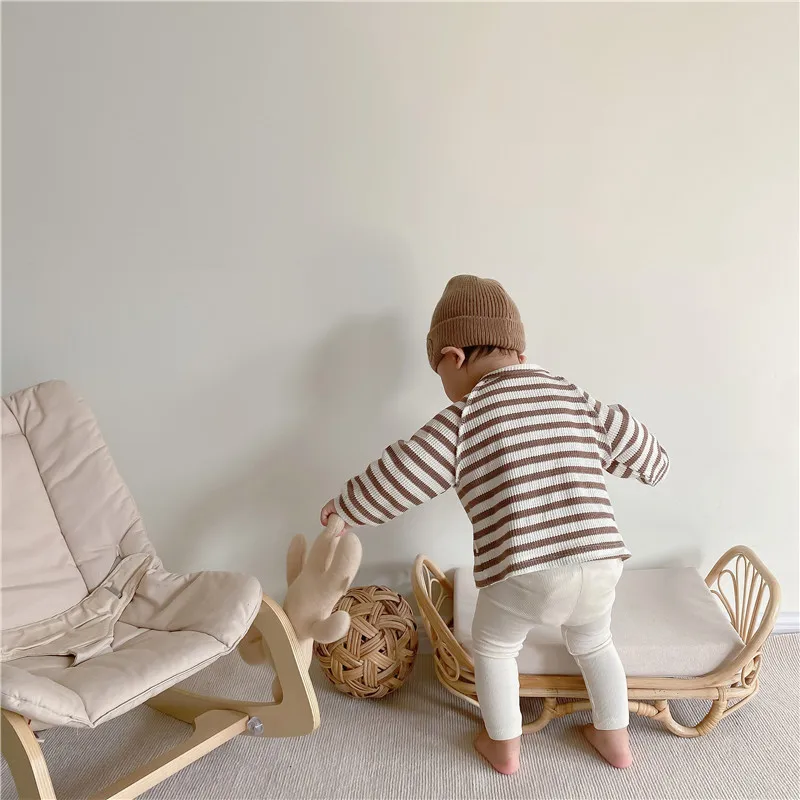 0-3Years Newborn Baby Boy Girl Spring Autumn T-shirt Casual Long Sleeve Striped/Solid Beige Knit Tops Tee Outfits Baby Clothes