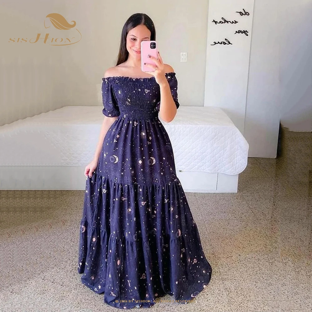 

SISHION Half Sleeve Floral Printed Women Spring Summer Dress VD3697 Slash Neck Holiday Beach Colorful Boho Bohemia Long Dresses
