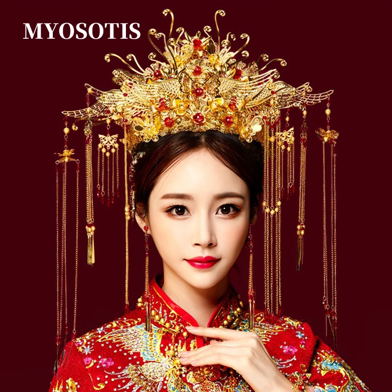 

Luxury Chinese Bridal Crowns Phoenix Costume Headpiece with Earrings Wedding Accessories