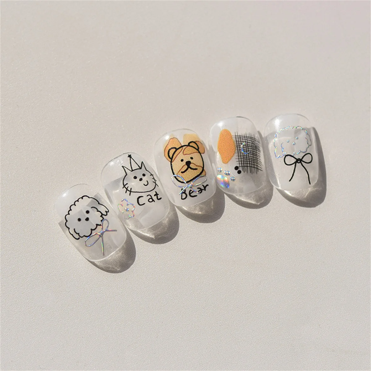 1pcs Cute Sketching Graffiti Animal Cat Dog Rabbit Bear Laser Nail Art Sticker Designs Self Adhesive Decoration Decal Acessories nail stickers nail art decoration nail decals