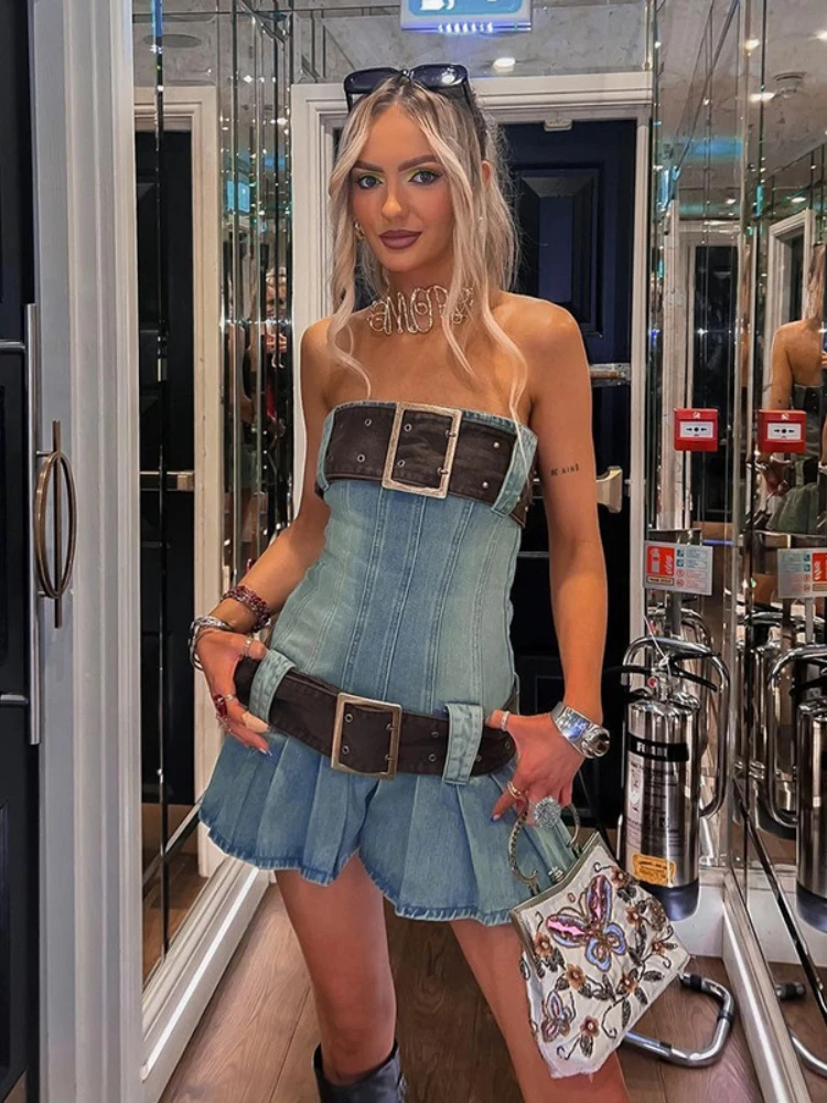 denim belt dress kpop HOUZHOU Vintage Y2k Strapless Denim Dress Women Summer Bodycon Sexy Korean  Fashion Kpop Belt Pleated Mini Dress 2000s Streetwear