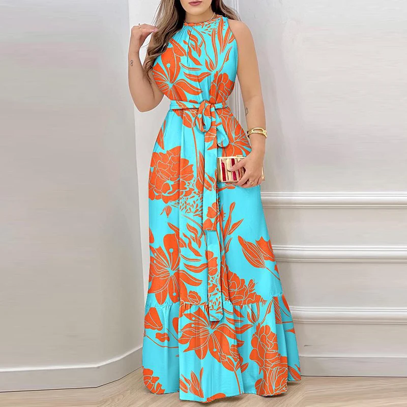 

Spring And Summer Round Neck Sleeveless Dress Sexy High Waist Tie Skirt Causal Flower Print Elegant Evening Dress