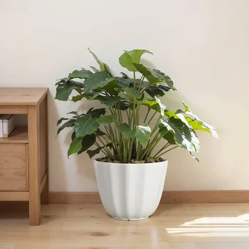 12-Inch Cream Recycled Resin Planter Pot with Poppy Pattern, Square Outdoor Flower Container 1