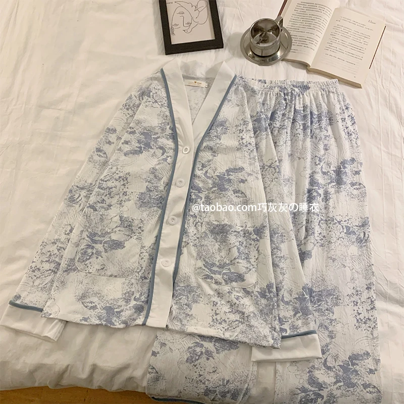 

Japanese Style Blue Ink Painting Pure Cotton Pajamas Women's Spring And Autumn High-end Long-sleeved Pants Home Clothes