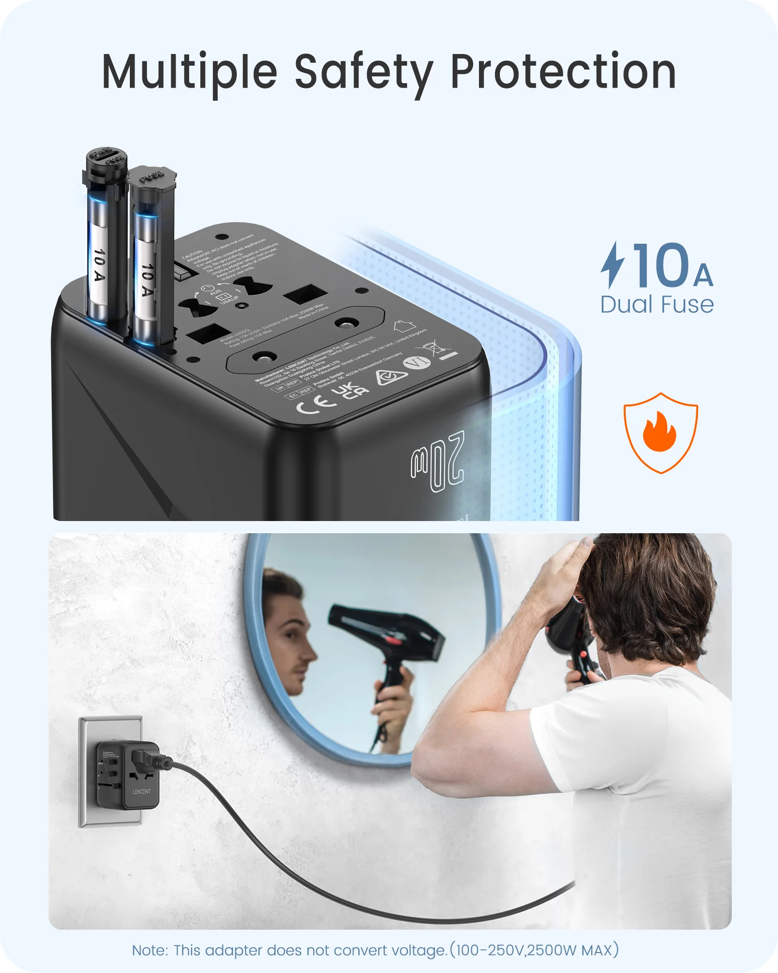 LENCENT PD20W Universal Travel Adapter 1AC 2 USB Ports 1 Type C Fast Charging for EU/UK/USA/AUS Travel