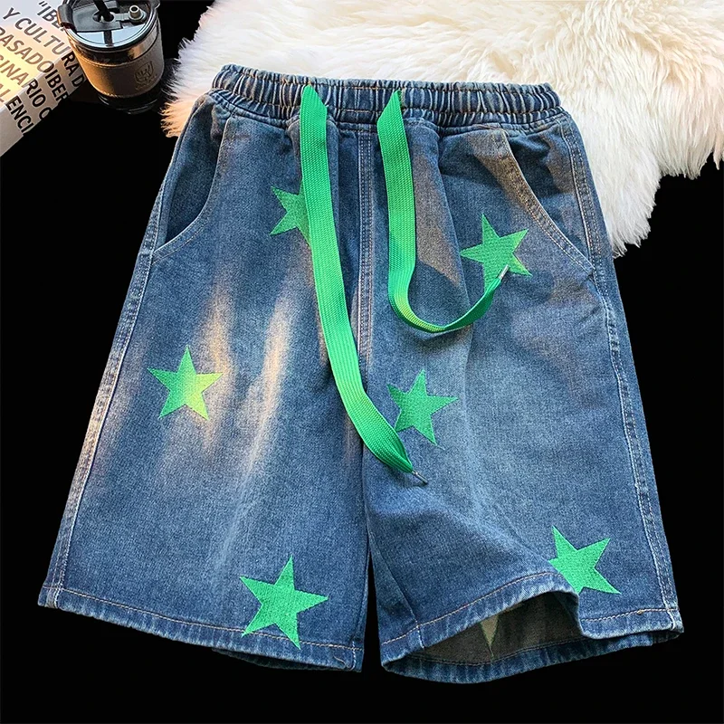 Star Patchwork Blue Color Jeans Summer Men Denim Shorts Trendy Streetwear Five-point Pants Straight Jeans Shorts