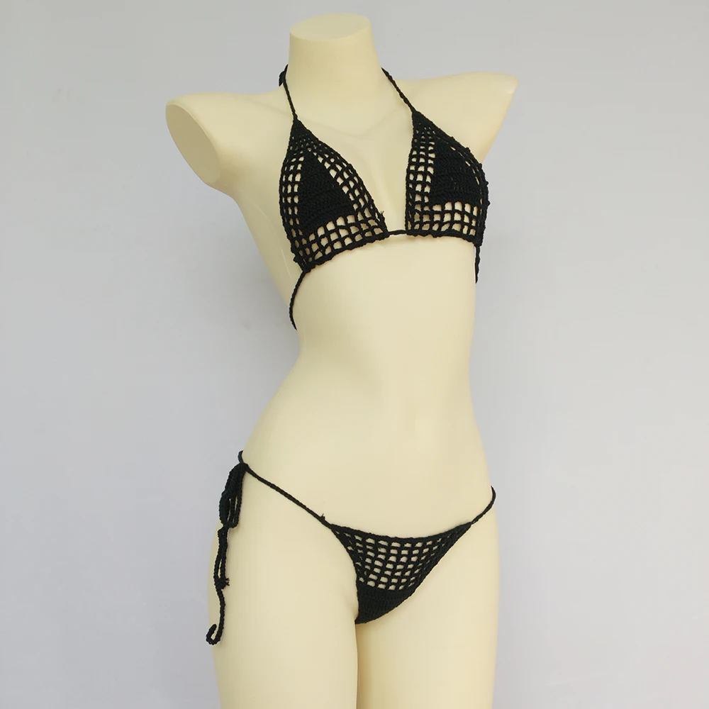 Black String Thong Bikini Set for Women - V-Neck Micro Bikini in Solid