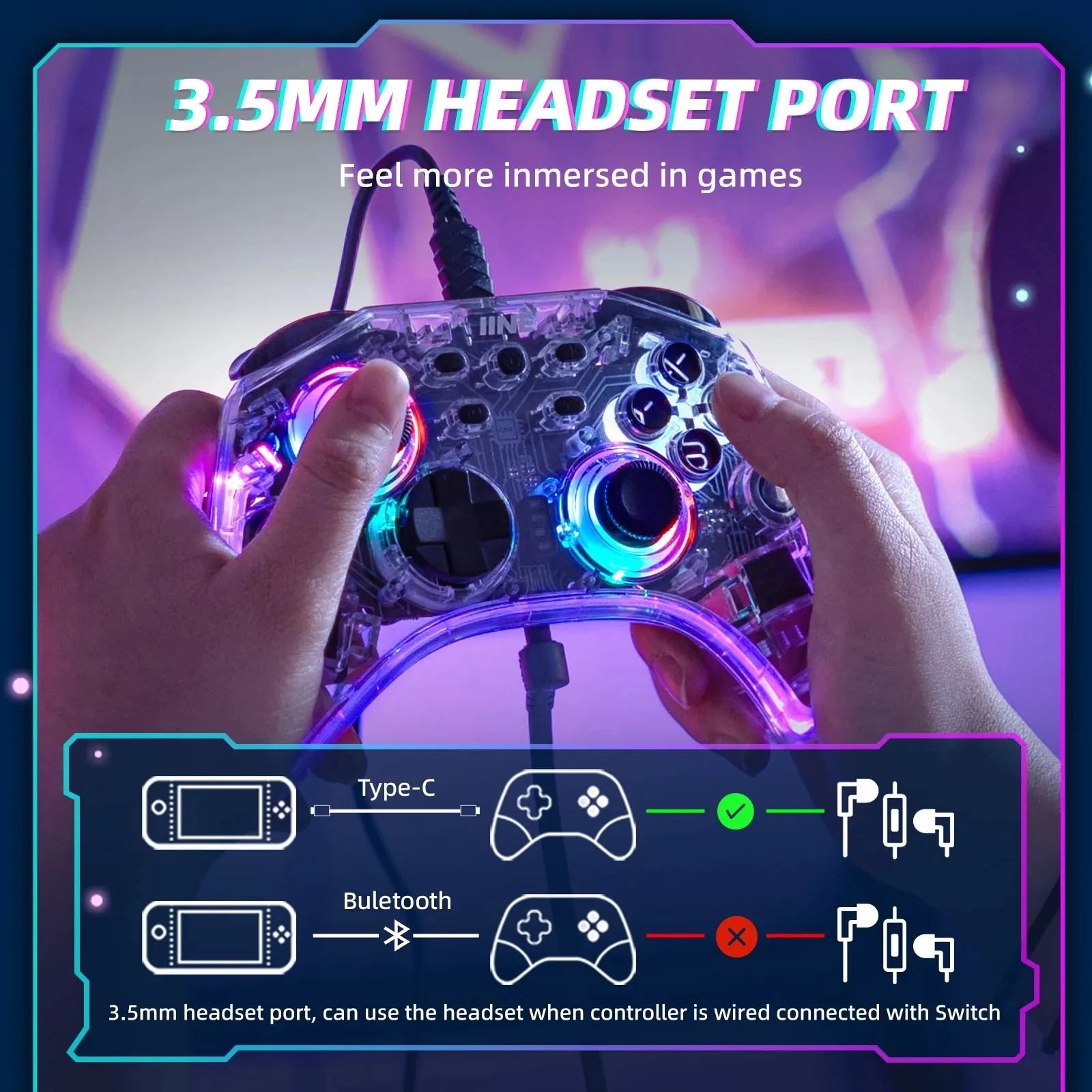 IINE Ares Gamepad Transparent Wireless Controller with Headset Jack RGB  Light For Nintendo Switch Steam Joystick New