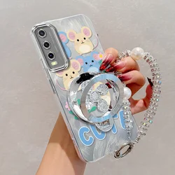 Cute Mouse Phone Case Set with Lanyard and Stand - 3 Piece Bundle for Vivo Y20i (Silver)