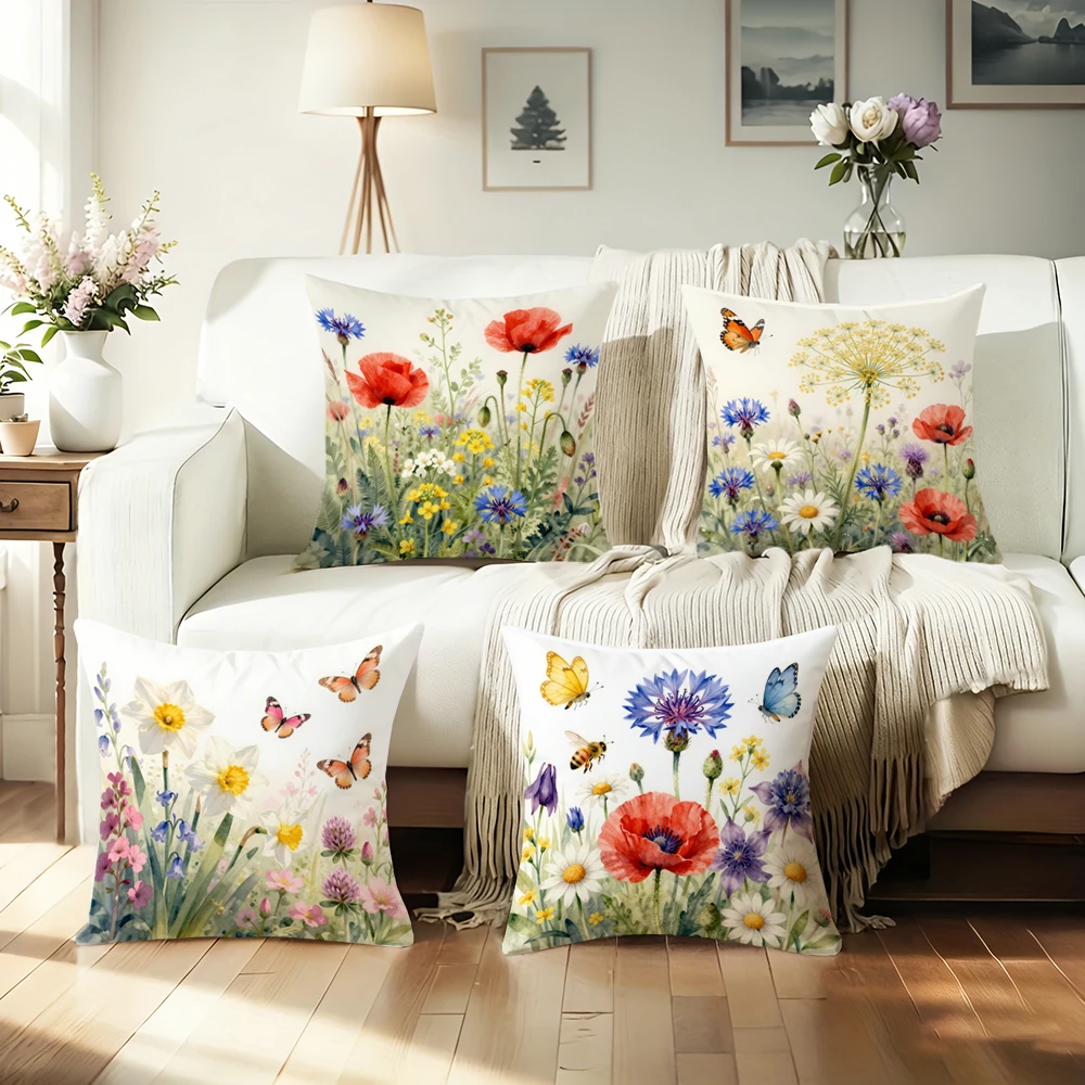 1/4pcs Floral Print Pillowcases with Butterflies and Bees Sofa cushion cover home bedroom room decoration 1