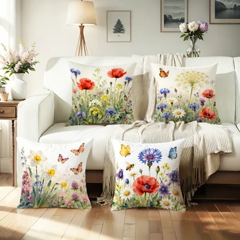 1/4pcs Floral Print Pillowcases with Butterflies and Bees Sofa cushion cover home bedroom room decoration 1