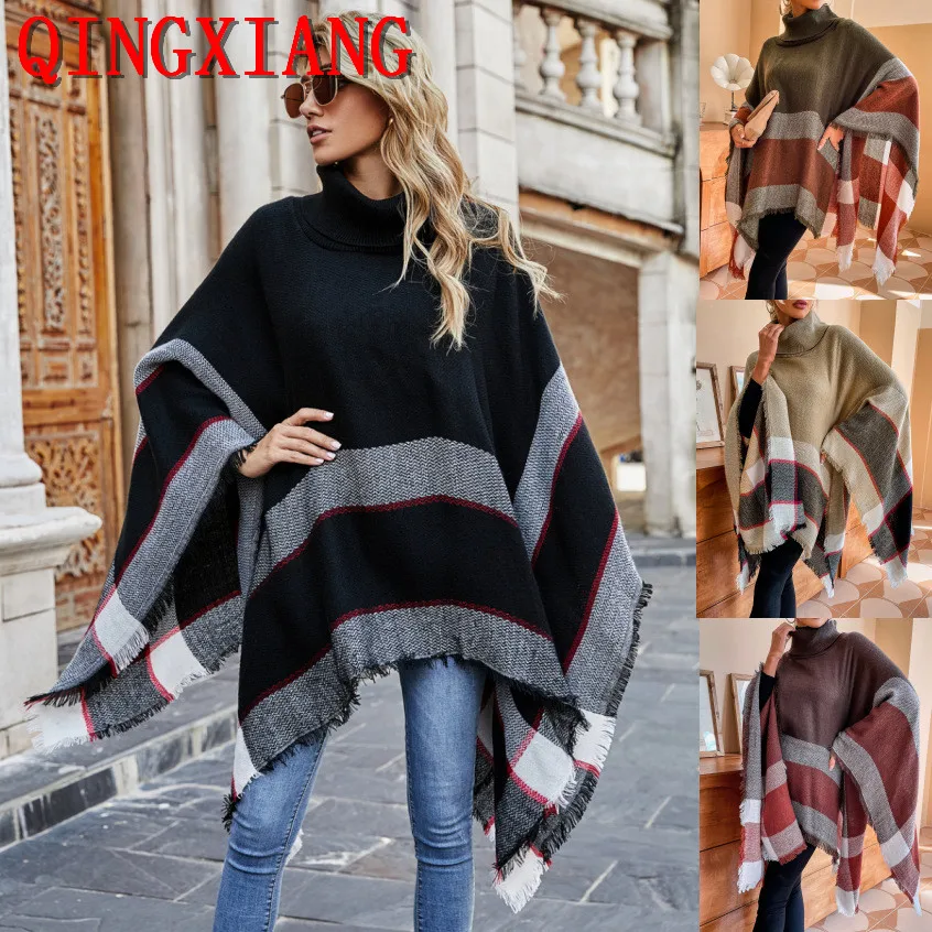 

2022 New Women Autumn Winter Striped Knitted Poncho Shawl Sweater Out Streetwear Thick Warm High Neck Loose Knitwear Long Coat