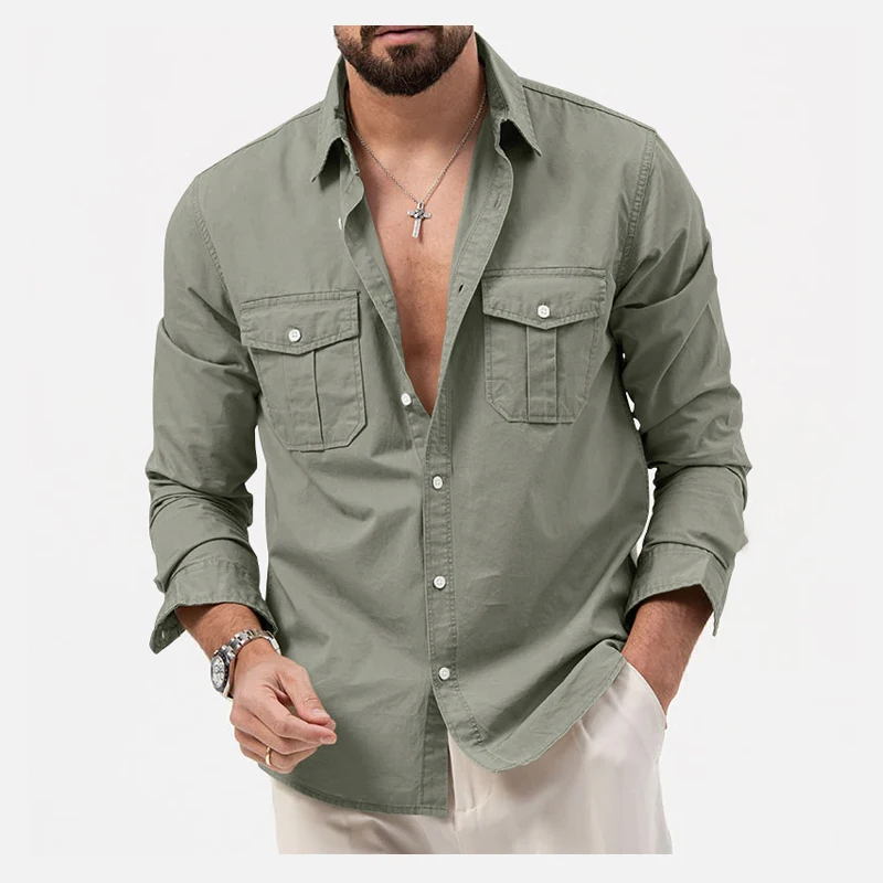 Spring/Summer European and American Men's Shirts with Multiple Pockets, Casual Slim Fit, Long sleeved Workwear Top