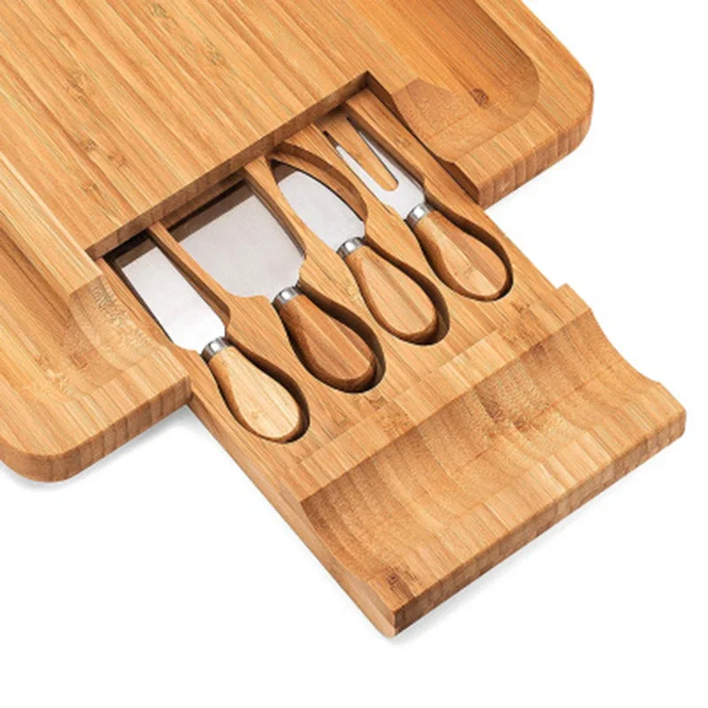 Bamboo Cheese Board New Square Wood Color Slide-Out Drawer Serving Platter For Cheese Fruit Vegetable Storage N