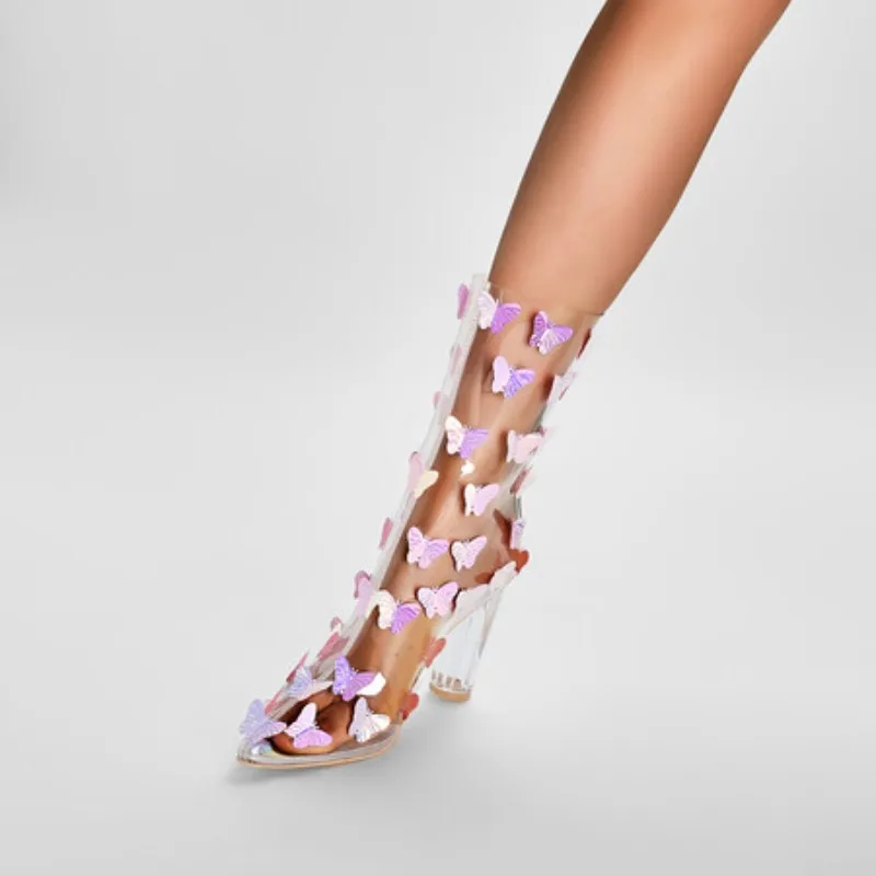 Женские прозрачные Ботинки на каблуке 11 см, розовые или фиолетовые короткие ботинки на молнии с 3D эффектом, на высоком каблуке, с кристаллами, размеры 36-43