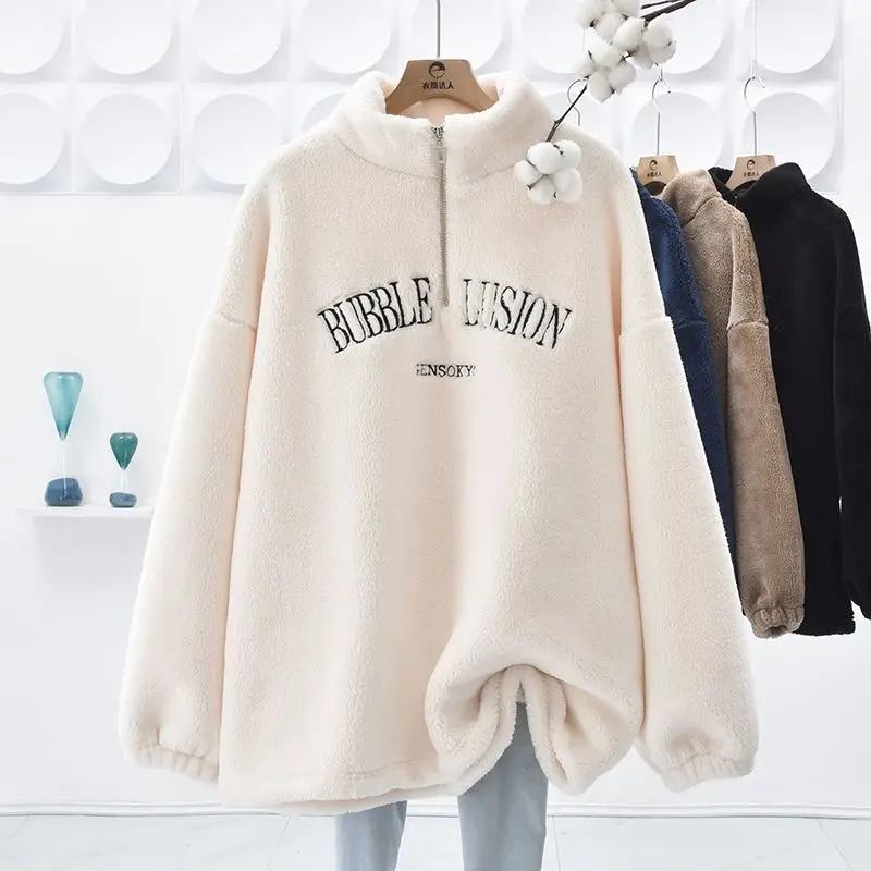 Fashion Stand Collar Zipper Embroidery Letter Sweatshirts Women's Clothing 2023 Winter Loose Korean Tops Casual Warm Sweatshirts