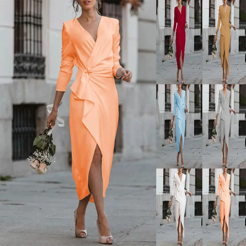 

2022 Mid-length Mid-waist Wrapped Chest Temperament Commuter Thin Waist Retro Ethnic Long Sleeve Dress