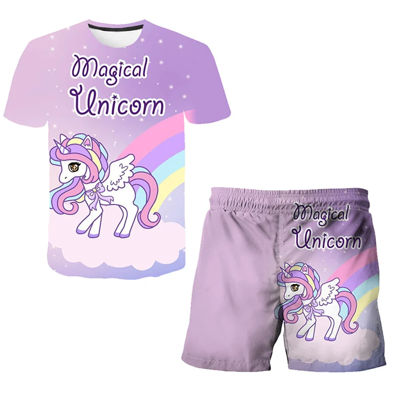 

New Summer Baby Unicorn Clothes Suit Children Fashion Boys Girls Cartoon T-Shirt Shorts 2Pcs set Casual Clothing Kids Tracksuits