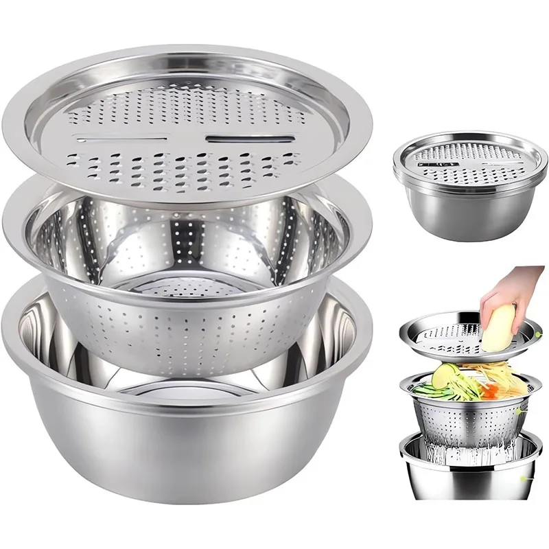 

2024 New Colander Strainer Set, Salad Spinner Fruit Vegetable Rice Washing Strainer Basket Multifunctional Stainless Steel Basin