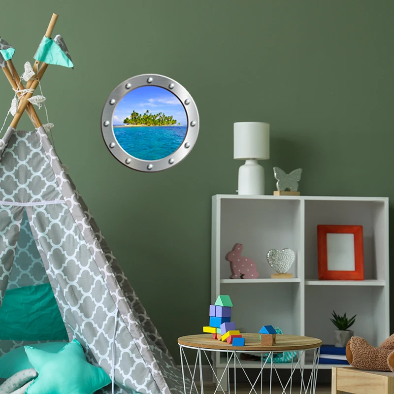 Sea View Luminous Porthole Stickers Palm Tree Island Mural Glow in the Dark Room for Home Decoration on Wall Door Window Fridge