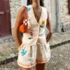 Vintage 2025 Summer Short Sets Floral Embroidery Woman 2 Piece Outfits V Neck Sleeveless Buttons Vest Top + Short Pants Suit 1