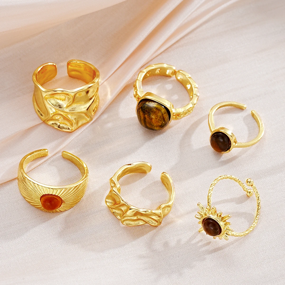 Sunflower Tiger Eye Stone Rings 6pcs for Women Vintage Aesthetic