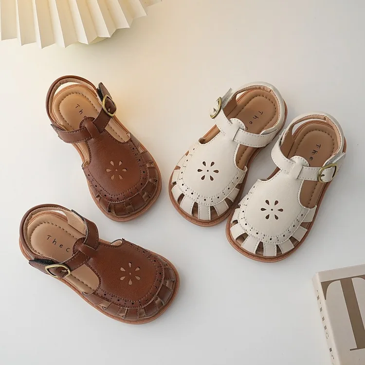 Girls Half Sandals Spring Summer British Style Retro Girls Shoes Hollow Out Kids Flat Shoes Vintage Princess Children’s Shoes children's shoes for adults