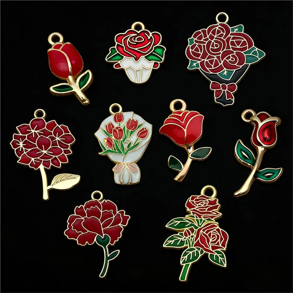 10 Stück/Lot Emaille-Rosenblüten-Anhänger für DIY handgemachte Halsketten, Armbänder, Schmuckherstellung, Zubehör, Materialien
