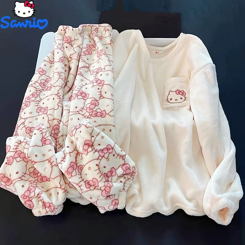 

Пижама Sanrio Женская фланелевая зимняя, японская мультяшная одежда Hello Kitty, утепленный бархатный милый спортивный костюм, сохраняет тепло